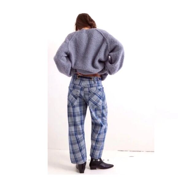 Free People We The Free Moxie Plaid Pull On Barrel Leg Jeans Drawstring Sz 27 - Picture 7 of 12